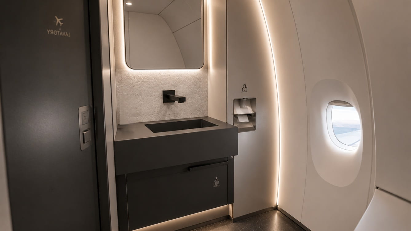 Full aircraft lavatory interior showing sink faucet and compact passenger space